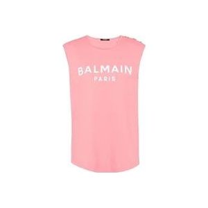 Balmain Zalm en wit katoenen T-shirt , Pink , Dames , Maat: S