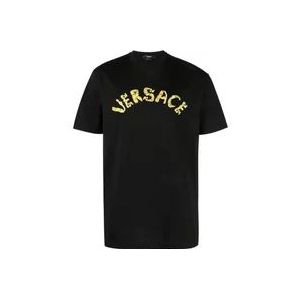 Versace Zwarte T-shirts en Polos met Geborduurd Logo , Black , Heren , Maat: L