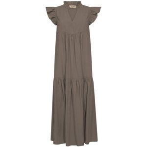 MOS Mosh - Feminine Jurk - Bruin - 100% Katoen - V-hals - Kleine Ruche Mouwen