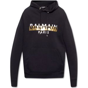 Balmain Hoodie met logo en goudkleurige print , Black , Heren , Maat: S