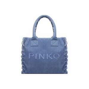Pinko Denim Strand Shopper Tas met Franje Profielen , Blue , Dames , Maat: ONE Size
