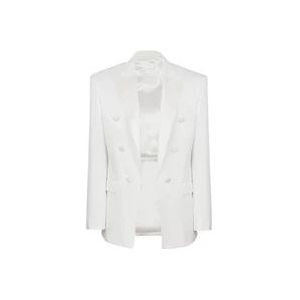 Balmain Satijnen jasje met 6 knopen en monogram , White , Heren , Maat: S