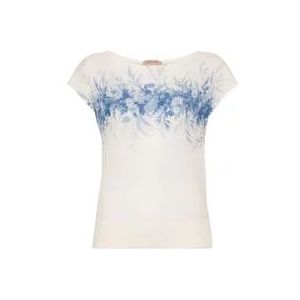 Twinset Ivoor Geribbeld Blauw Bloemen T-Shirt , Beige , Dames , Maat: L