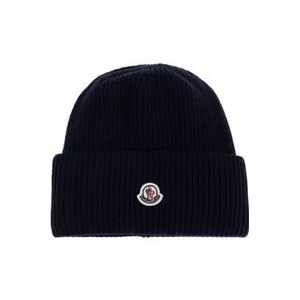 Moncler Wollen muts met logopatch , Blue , Dames , Maat: ONE Size