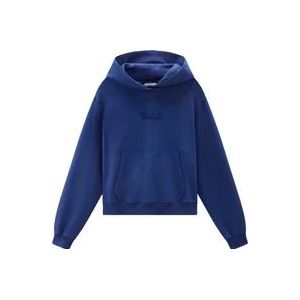 Woolrich Logo Hoodie in Katoen Fleece , Blue , Dames , Maat: S