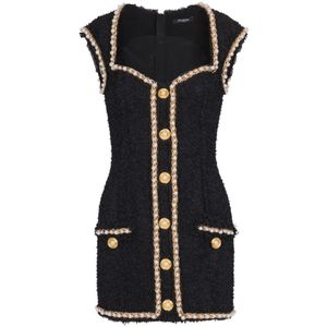 Balmain Tweed jurk met parel afwerking , Black , Dames , Maat: 2XS