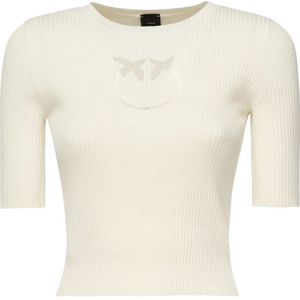 Pinko - Kortgebreide Geribbelde Trui Love Birds - Beige - Zijde en Katoenmix