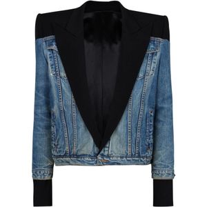 Balmain Geknipte denim- en graan de poudre-jas , Black , Heren , Maat: L