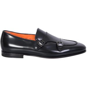 Santoni Zwarte Leren Loafers met erstelbare Gespsluiting , Black , Heren , Maat: 43 EU