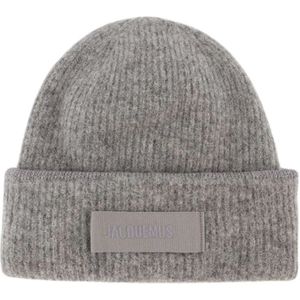 Jacquemus Donkergrijze Wol Beanie Gros Grain , Gray , unisex , Maat: ONE Size