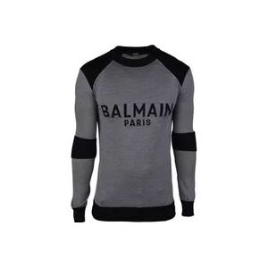 Balmain Grijze wollen trui met zwart logo , Gray , Heren , Maat: S