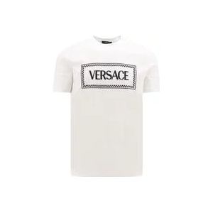 Versace Witte Ribgebreide Crew-neck T-shirt met Logo Borduursel , White , Heren , Maat: XL