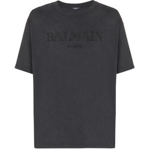 Balmain Los T-shirt met vintage borduurwerk , Gray , Heren , Maat: XL