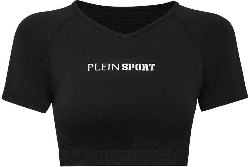 Plein Sport - Seamless Cropped T-shirt V-Neck - Zwart - Dames - Polyamide