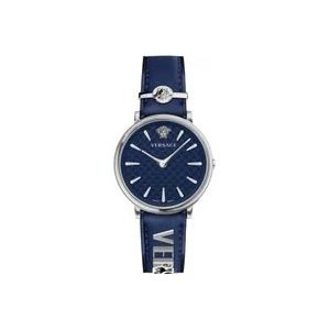 Versace Blauw/Zilver V Circle Leren Horloge , Blue , Dames , Maat: ONE Size