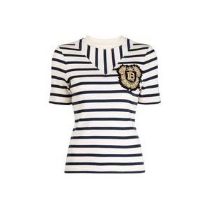 Balmain Gestreept Logo T-shirt , White , Dames , Maat: S