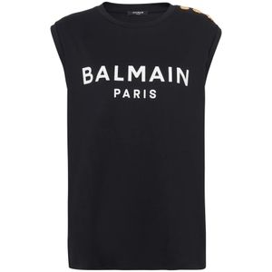 Balmain Katoenen T-shirt met logoprint , Black , Dames , Maat: XL