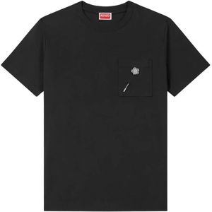 Kenzo - T-shirt - Zwart - Katoen - Ronde Halslijn - Borstzak met Bloemembleem