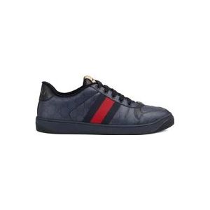 Gucci Donkerblauw/zwarte lage sneakers met webdetail , Blue , Heren , Maat: 43 1/2 EU