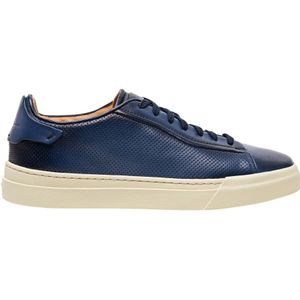 Santoni Blauwe Handgemaakte Geperforeerde Leren Sneaker , Blue , Heren , Maat: 42 1/2 EU