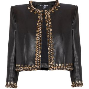 Balmain Lamsleren jas met kettingafwerking , Black , Dames , Maat: M