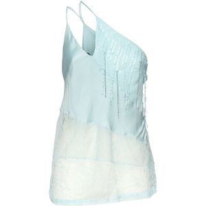 Pinko - Tops - Blauw - Satijn - One-shoulder Top met Kant en Pailletten