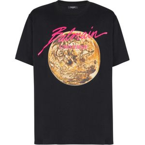 Balmain Gedrukt Univere logo en planeet T-shirt , Black , Heren , Maat: S