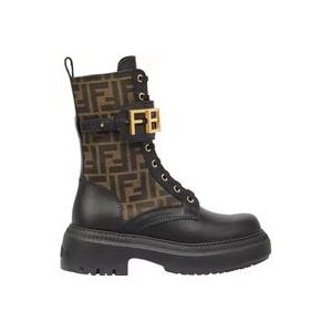 Fendi Zwarte Leren Laarzen met FF Stof , Black , Dames , Maat: 37 EU