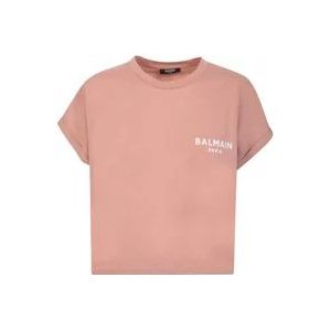 Balmain Logo Crop T-Shirt in Powder Pink/White , Pink , Dames , Maat: M