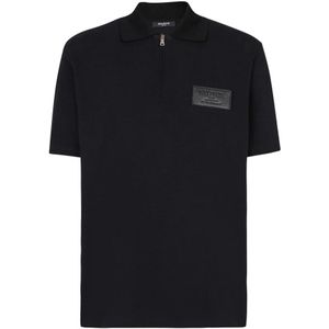 Balmain Katoenen poloshirt met leren Couture-label , Black , Heren , Maat: M