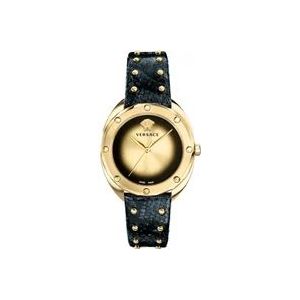 Versace Zwart Lederen Goud Roestvrij Stalen Horloge , Black , Dames , Maat: ONE Size