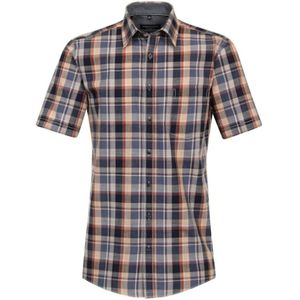 CASA MODA - Sport Comfort Fit - Overhemd - Blauw met Beige en Wit Geruit - Korte Mouw - Strijkvriendelijk