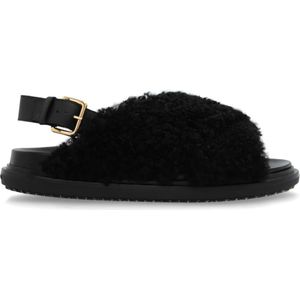 Marni - Fur Slippers - Zwart - Leer - Gouden Gesp Detail