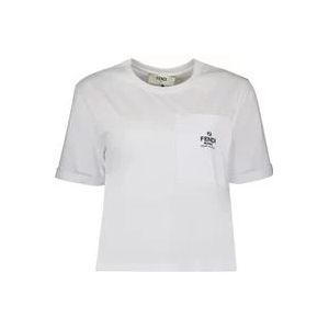 Fendi Geborduurd Logo Ronde Hals T-shirt , White , Dames , Maat: S