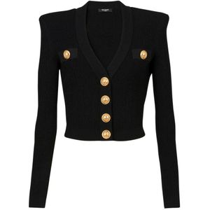 Balmain Gecropte, ontworpen gebreide cardigan met goudkleurige knopen. , Black , Dames , Maat: S