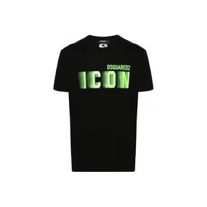 Dsquared2 Zwarte Icon Groene Fluorescerende T-Shirt , Black , Heren , Maat: 3XL