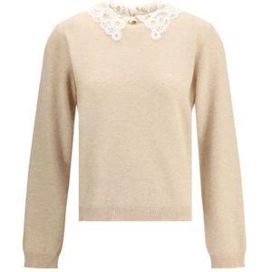 Fabiana Filippi - Kanten Kraag Trui - Beige - Dames - Wol - Gouden Knoopsluiting