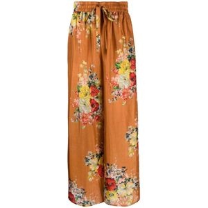 Zimmermann Bloemenprint Broek met Hoge Taille en Wijde Pijpen , Orange , Dames , Maat: S