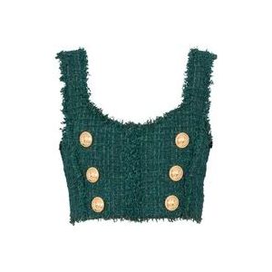Balmain Mouwloze Tweed Crop Top met Gouden Details , Green , Dames , Maat: XS