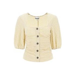 Ganni Geruite Blouse met Geplooide Details en Ballonmouwen , Beige , Dames , Maat: L