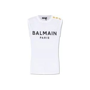 Balmain Mouwloos T-shirt met logo , White , Dames , Maat: L