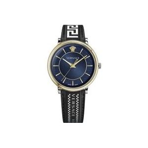 Versace Blauw Leren Band Kwarts Horloge , Yellow , Heren , Maat: ONE Size