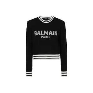 Balmain Bijgesneden wollen sweatshirt met logo , Black , Dames , Maat: S