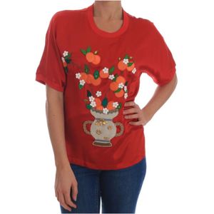 Dolce Gabbana - Blousetop - Rood - Korte Mouwen - Geborduurde Bloemenvaas