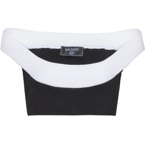 Balmain Tweekleurige gebreide cropped top met dubbele halslijn , White , Dames , Maat: L