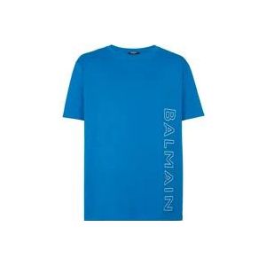 Balmain Geëmbosseerd T-shirt , Blue , Heren , Maat: M