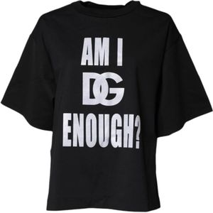 Dolce & Gabbana - Zwart T-shirt - Dames - Katoen - Met Logo Print en Ronde Hals