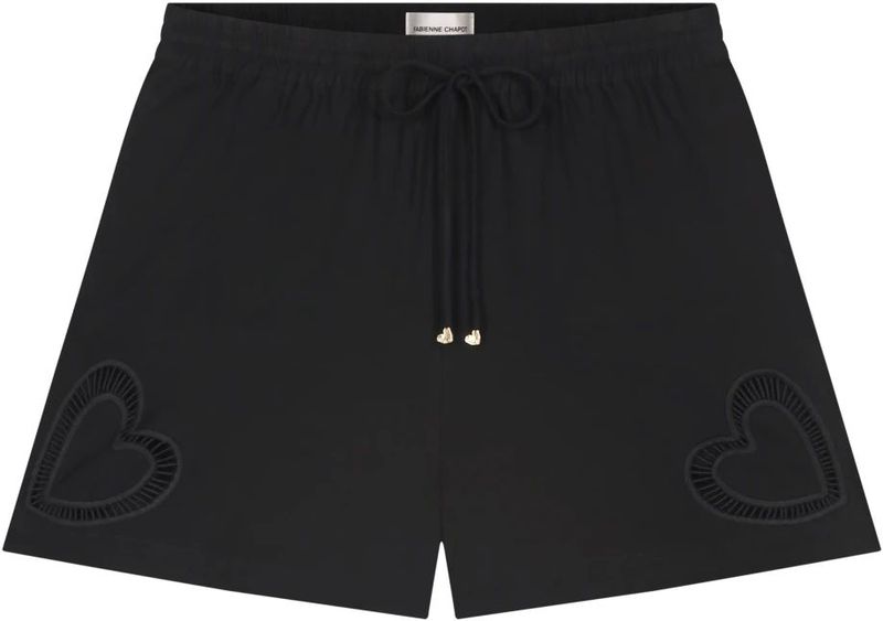 Korte Broeken - Zwart - Lyocell-Linnenmix - Versierd met Hartjesborduursels