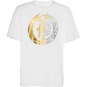 Just Cavalli - T-shirt - Wit - Katoen - Logo - Gelamineerde Print