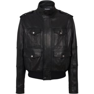 Balmain Lamsleren jas met 4 zakken , Black , Heren , Maat: L